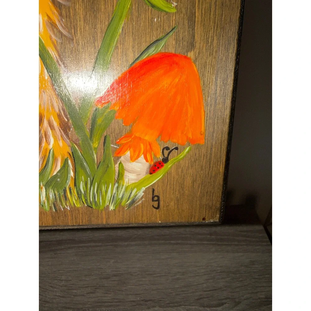 Vintage Hand Painted Mushroom Ladybug Wooden Knife Block Signed IG Cottagecore